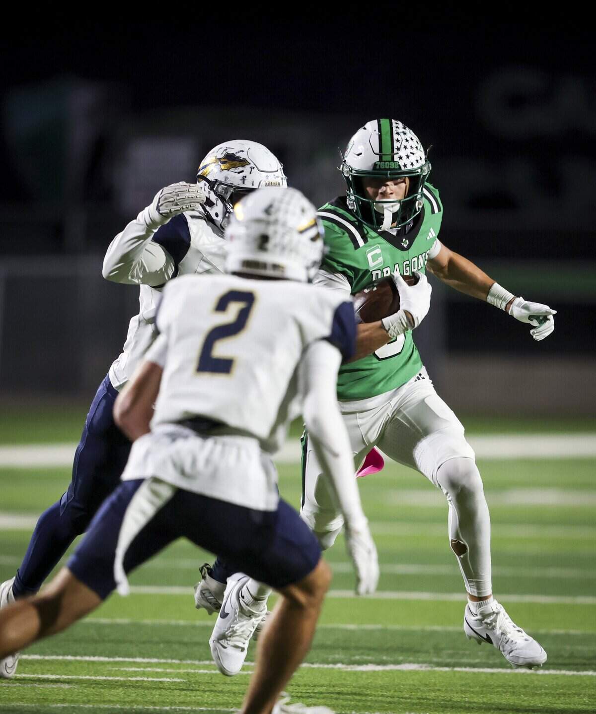 Southlake Carroll wide receiver Blake Gunter (5) runs the ball during the first half of the game against Keller on Friday, Oct. 16, 2026, at Dragon Stadium in Southlake.