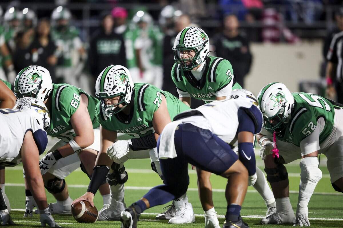 Southlake Carroll quarterback Hudson Tomcheck (3) calls out a play during the first half of the game against Keller on Friday, Oct. 16, 2026, at Dragon Stadium in Southlake.