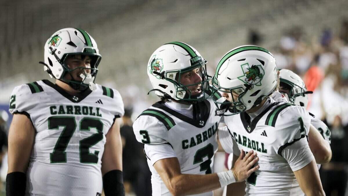 Southlake Carroll celebrates a touchdown during the first half of the game against Jenks in the Cotton Bowl on Thursday, Aug. 27, 2026 in Dallas.