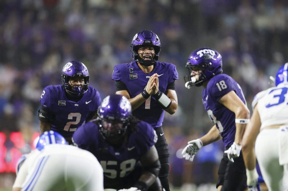 TCU quarterback Jaden Craig (1) calls out the play during the first half of the game between the TCU Horned Frogs and the BYU Cougars on Saturday, Oct. 3, 2026 at Amon G. Carter Stadium in Fort Worth.