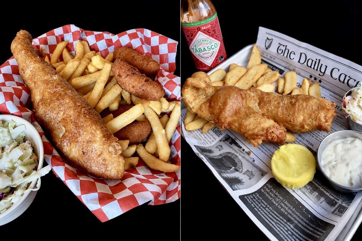 Fish and chips at 55-year favorite Zeke’s in Fort Worth, Texas, left, on Oct. 12, 2026, and at Henry McCarty Irish Pub, right. on Oct. 10, 2026.