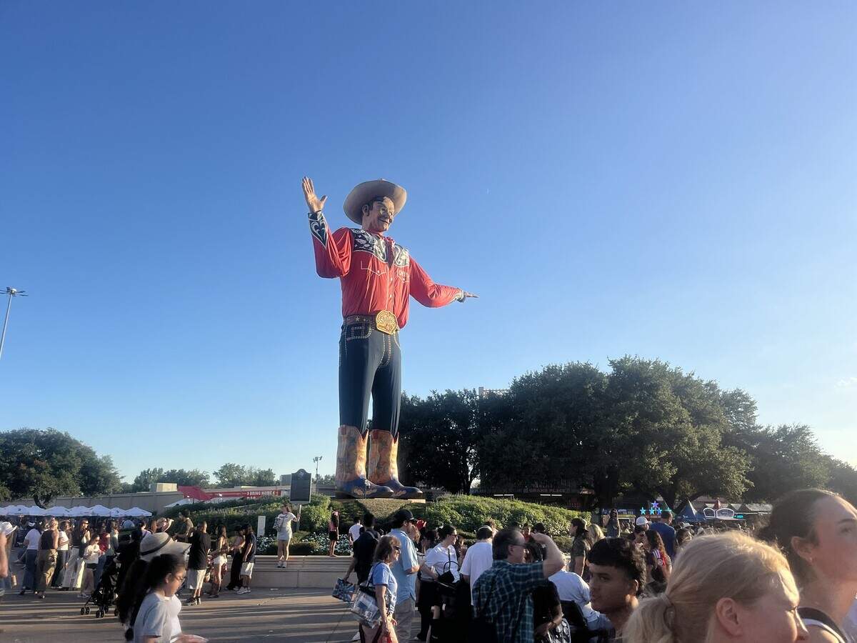 Big Tex in his new uniform and custom Lucchese boots at the State Fair of Texas on Oct. 15, 2026 in Dallas.