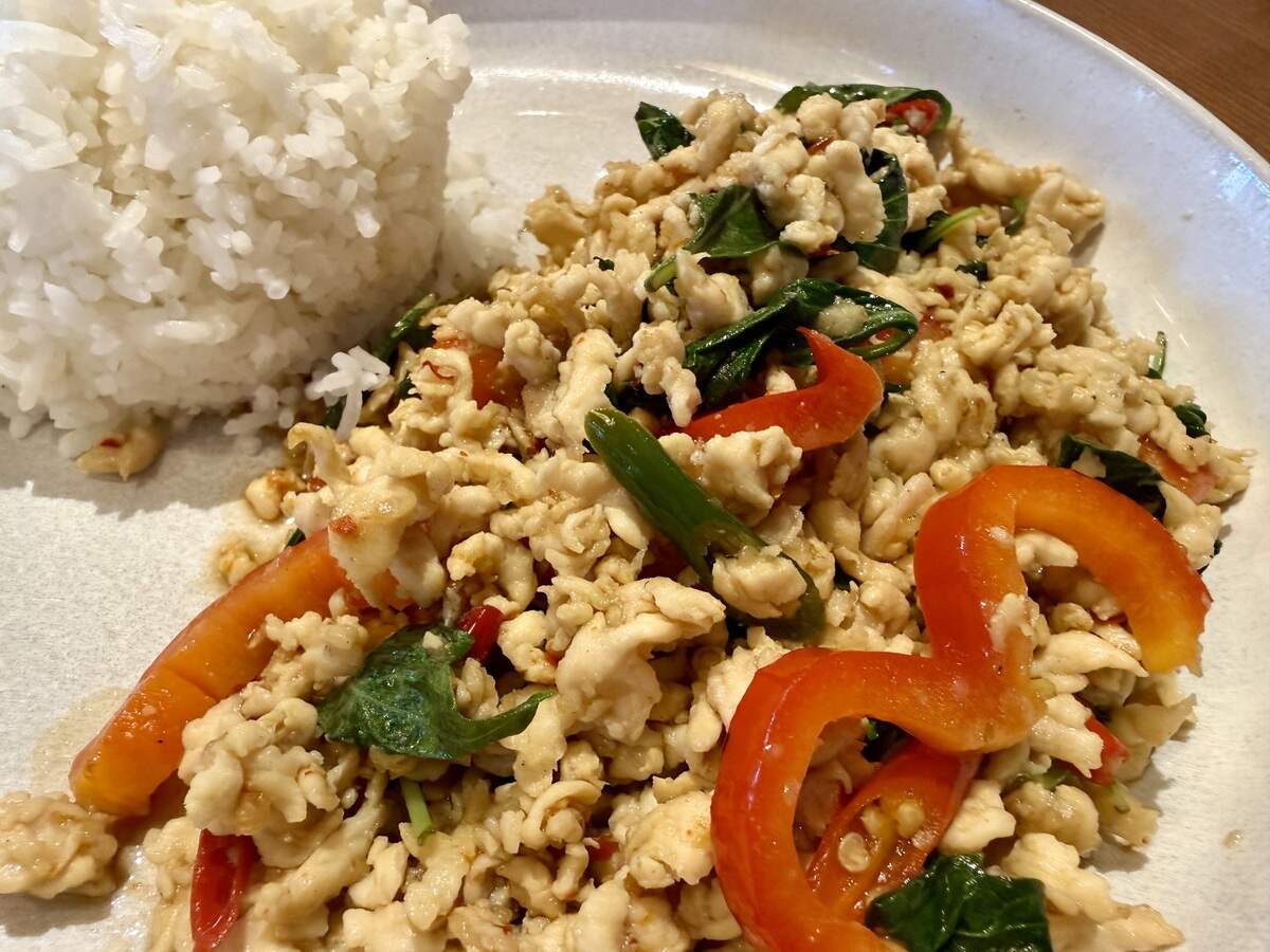 Shredded chicken kaphrao (in spicy Thai basil) at Yindee Thai restaurant in Haltom City, Texas, seen Sept. 12, 2026.