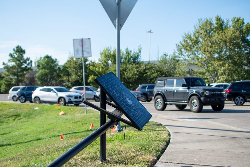 A vandalized Flock camera at the intersection of Taylor St. and the Katy Freeway in northwest Houston on Sept. 19, 2026.