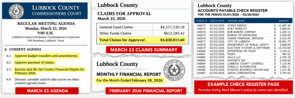 Lubbock County records show commissioners approved budget amendments, more than $4.8 million in claims and the February financial report on March 23. Lubbock Lights found no entry identifying Mark Meurer’s salary by name in the supporting accounts-payable check register.