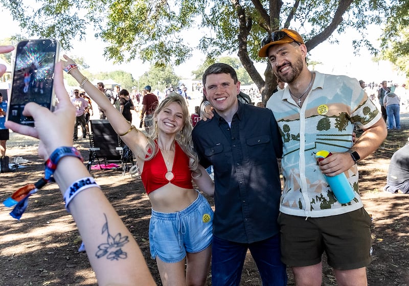 Politician James Talarico (C) meets with fans during the 2026 Austin City Limits Music Festival - Weekend Two at Zilker Park on October 09, 2026 in Austin, Texas.