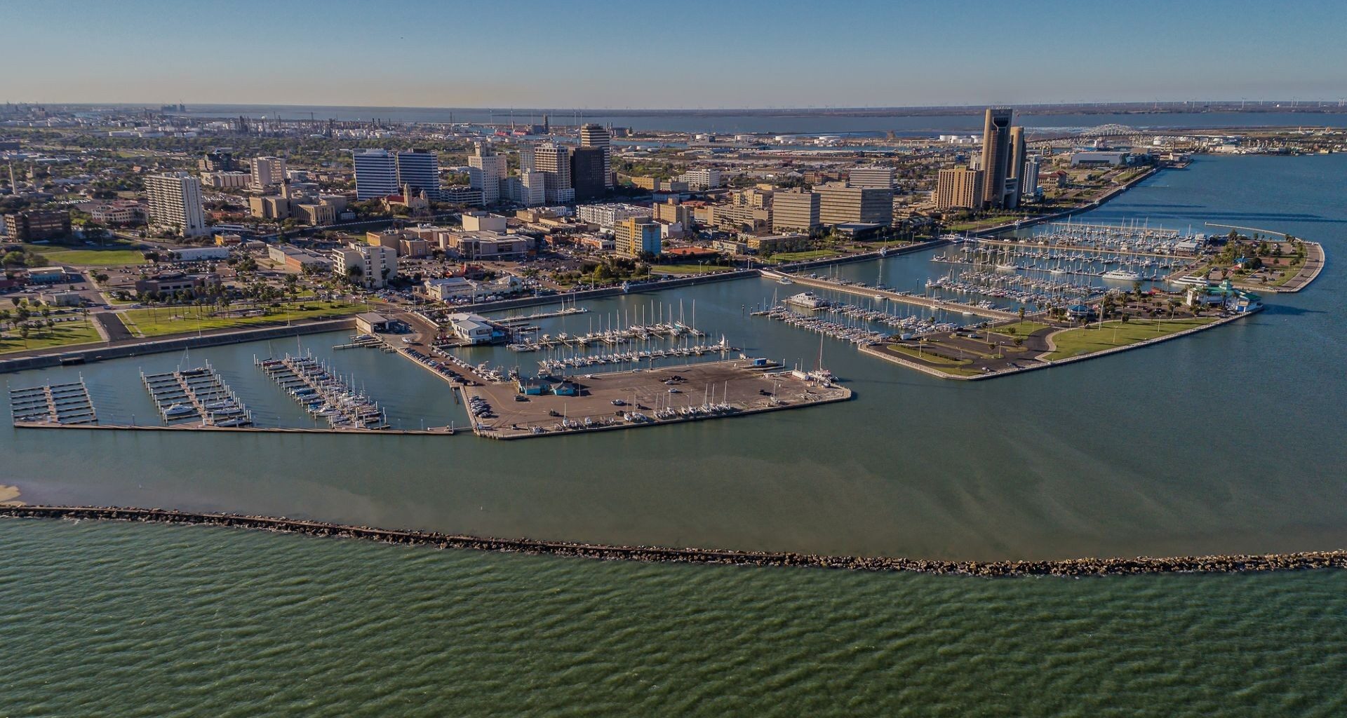 An aerial view of the port of Corpus Christi in Texas