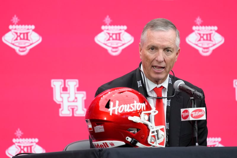 Houston coach Willie Fritz speaks during the Big 12 Conference media days in Las Vegas, Wednesday, July 10, 2024.