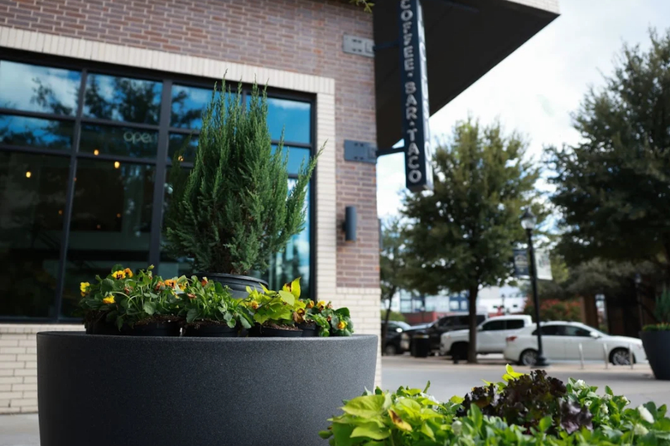 A new planting container is being filled with flowers in front of Inclusion Coffee in Downtown Arlington.