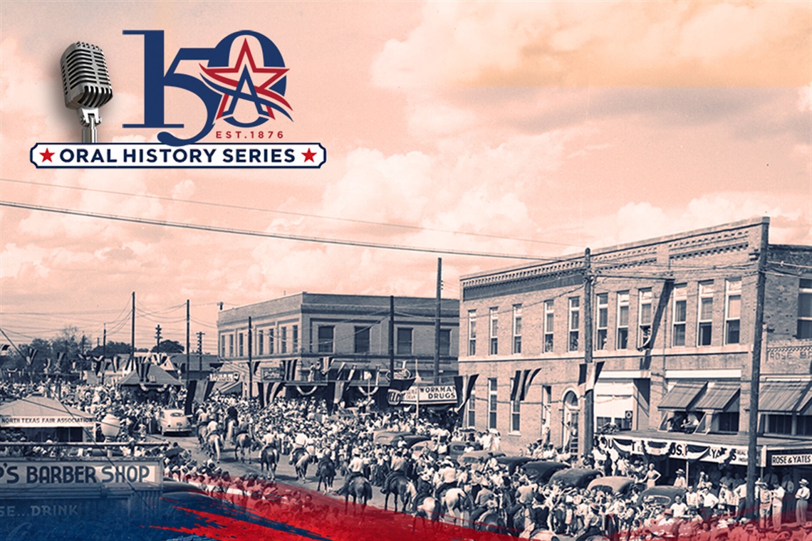 A vintage photograph of a bustling street scene with a crowded parade or gathering. The image includes historic buildings and signage. The top left features a graphic logo: a microphone, a star, and the text 
