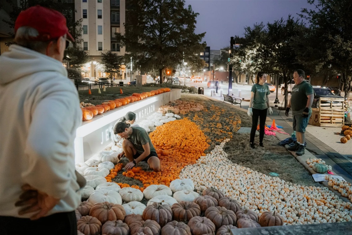 Workers installing a Live Pumpkin Art Build designed by MESA Architecture Group using pumpkins generously provided by Green’s Produce. The installation is in front of Arlington City Hall.