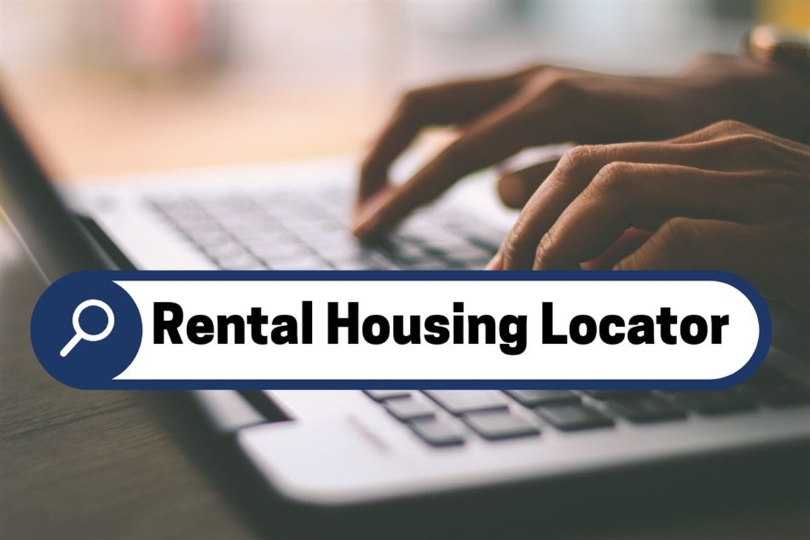 A keyboard with a search bar reading Rental Housing Locator