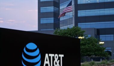 AT&T sign in front of an office building.
