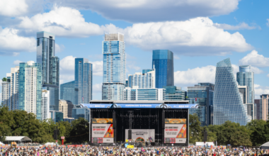 AUSTIN, TEXAS - OCTOBER 05: The Austin city skyline is visible behind one of the main stages during Austin City Limits Festival at Zilker Park on October 05, 2025 in Austin, Texas. (Photo by Jim Bennett/WireImage)