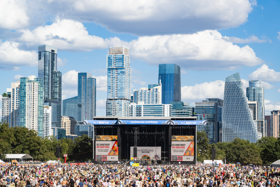 AUSTIN, TEXAS - OCTOBER 05: The Austin city skyline is visible behind one of the main stages during Austin City Limits Festival at Zilker Park on October 05, 2025 in Austin, Texas. (Photo by Jim Bennett/WireImage)