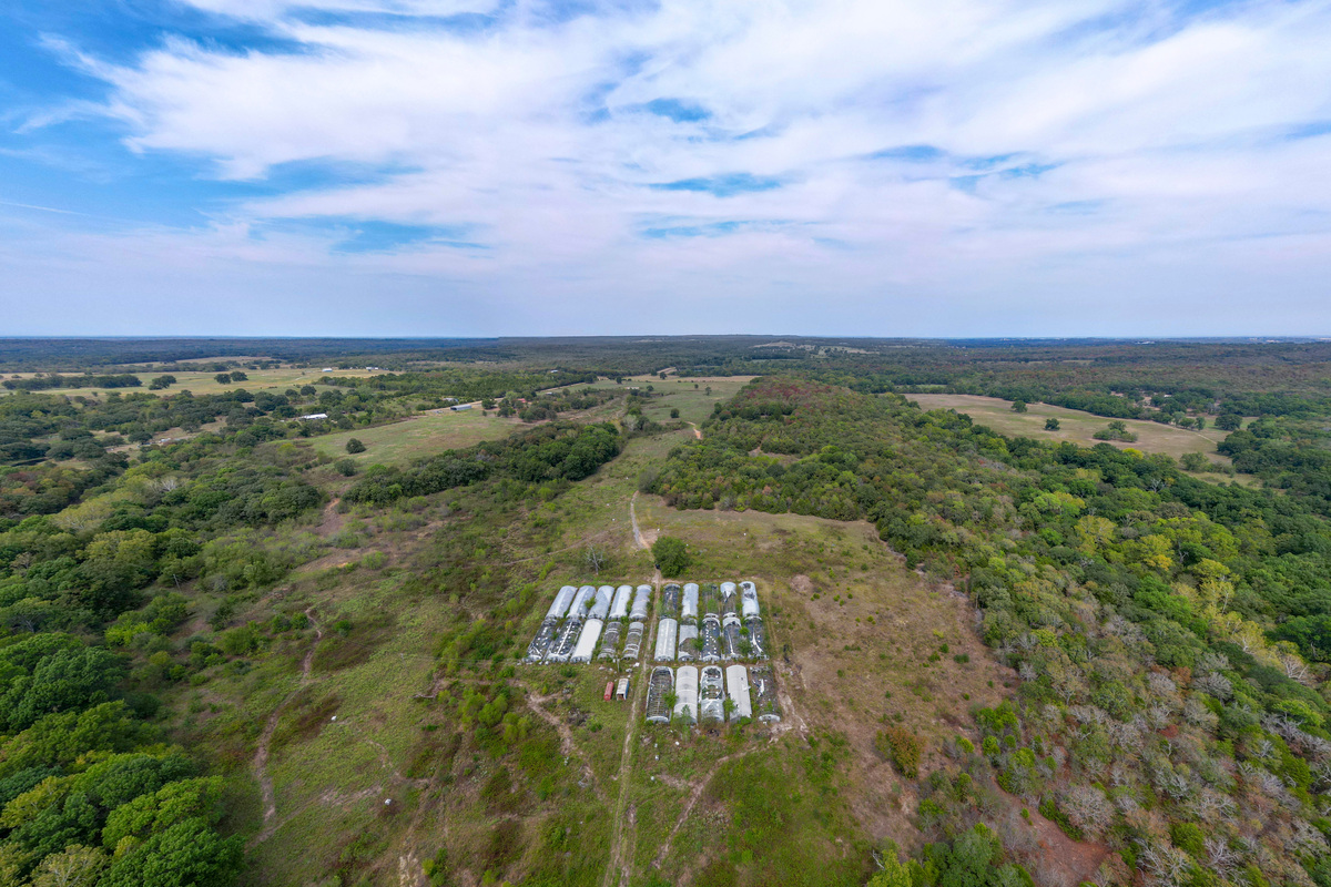 In this panoramic photo illustration, an abandoned marijuana grow site on the property of Pat Foor is pictured in Holdenville, Okla., on Thursday, Sept. 24, 2026.