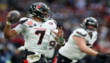 Houston Texans quarterback C.J. Stroud (7) makes a pass during an NFL football game against Jacksonville Jaguars in London, Sunday, Oct. 18, 2026. (AP Photo/Ian Walton)