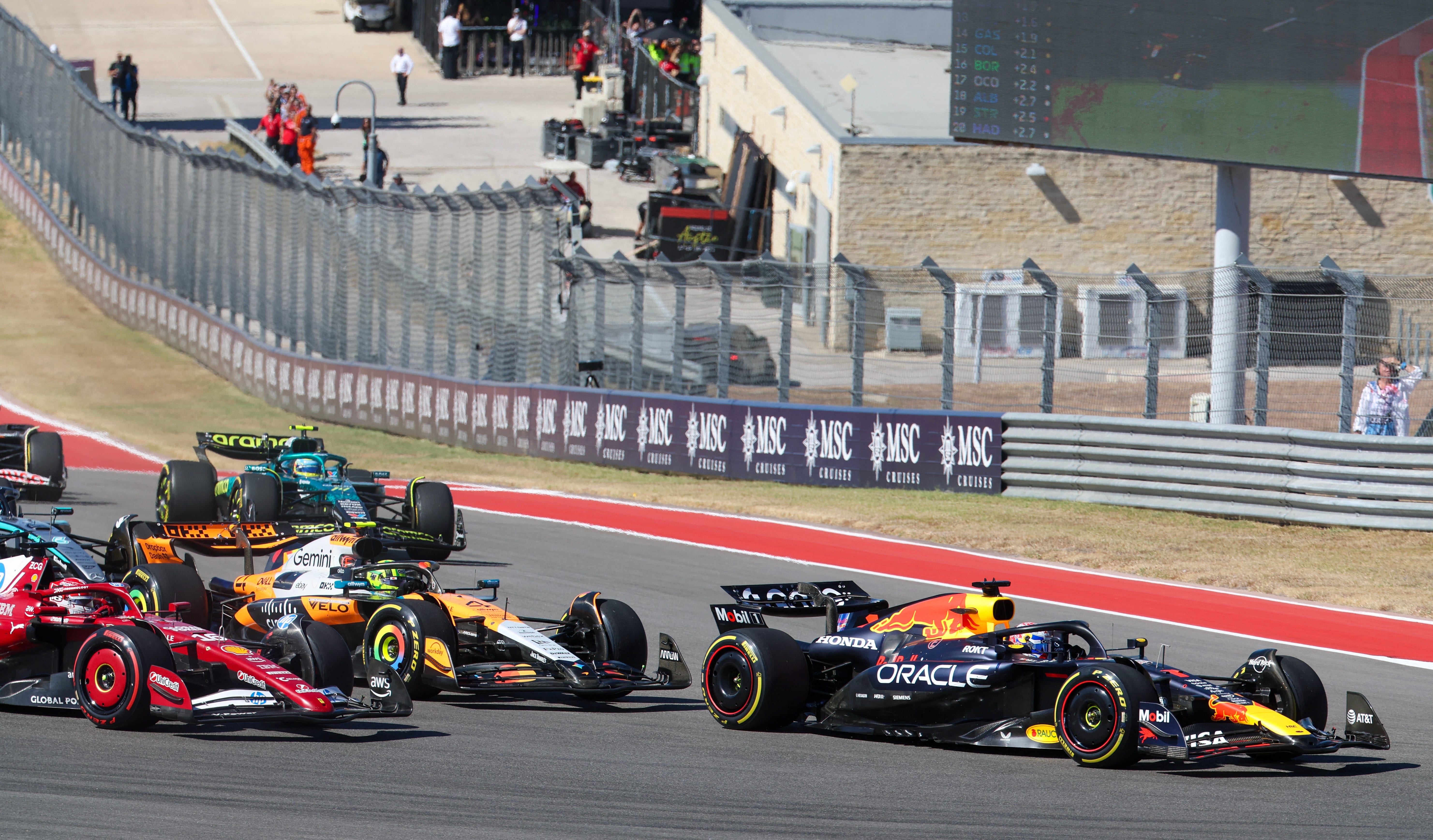 Oct 19, 2025; Austin, TX, USA; Chinook and Apache helicopters fly by before the start of the Circuit of The Americas Austin. Mandatory Credit: Thomas Shea-Imagn Images