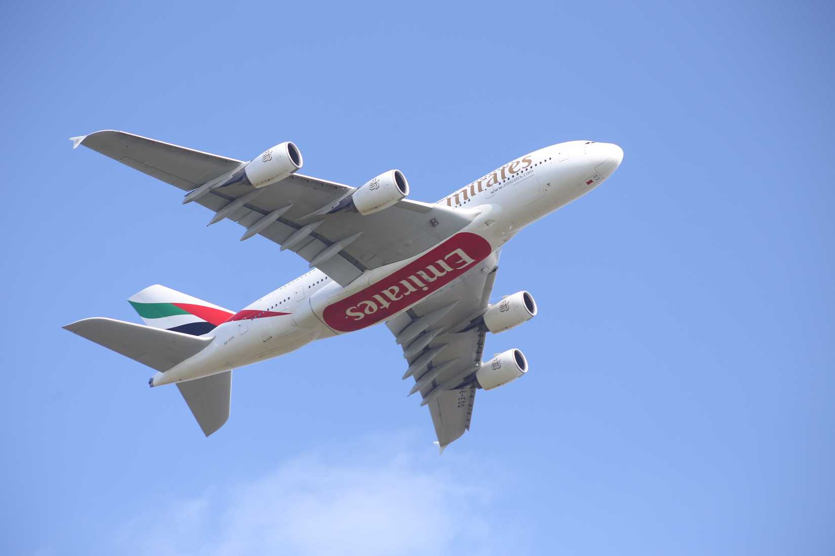 Emirates Airbus A380 underside taking off from Copenhagen airport