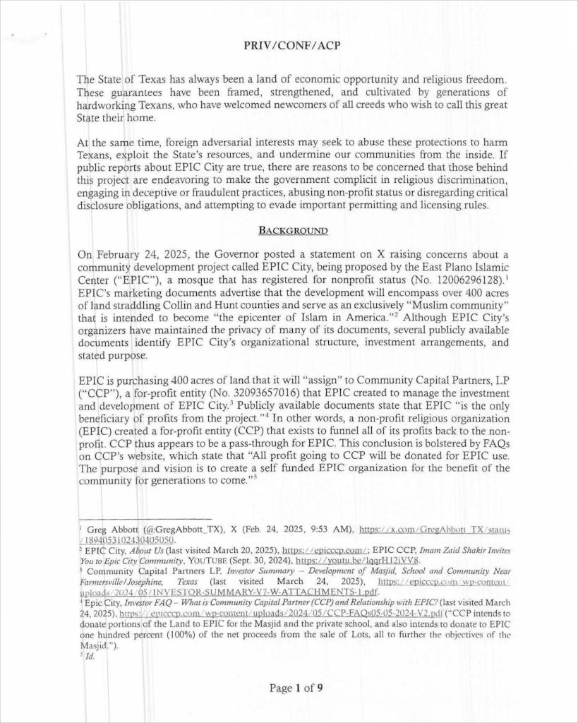 The first page of a nine-page memorandum laying out a plan for official government action against EPIC, obtained via a public information request.
