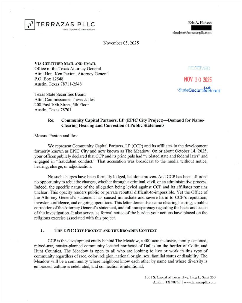 The demand letter from EPIC City’s developers threatening to sue.