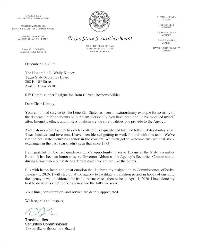 Travis Iles' letter of resignation from the Texas State Securities Board, dated for December 10, 2025, two days after his public correction of Paxton’s claims in his lawsuit.