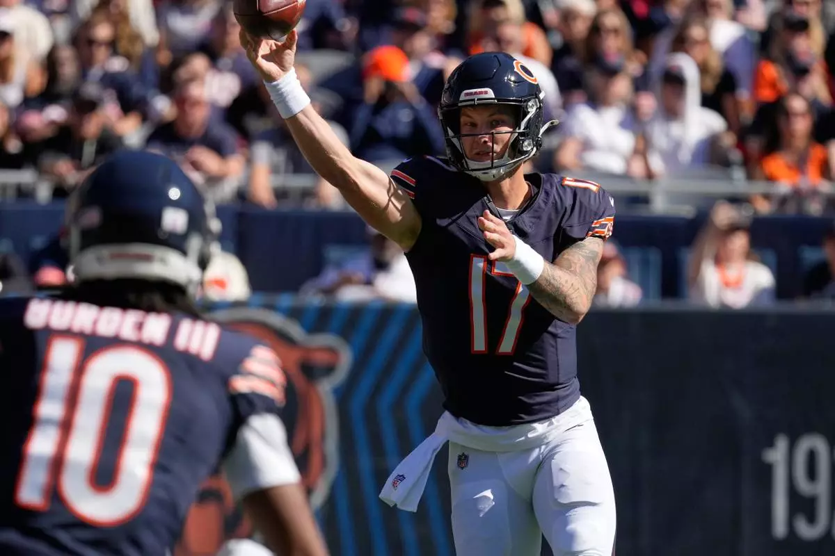 Chicago Bears quarterback Tyson Bagent throws during the first half of an NFL football game against the New York Jets Sunday, Oct. 4, 2026, in Chicago. (AP Photo/Nam Y. Huh)