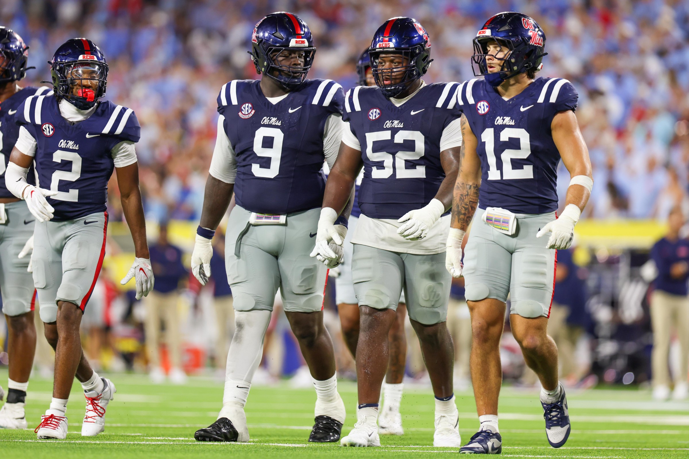 NASHVILLE, TENNESSEE - SEPTEMBER 6: Jaylon Braxton #2, Jehiem Oatis #9, Will Echoles #52, and Luke Ferrelli #12 of the Ole Miss Rebels during a game between the Ole Miss Rebels and the Louisville Cardinals at Nissan Stadium on September 6, 2026 in Nashville, Tennessee. (Photo by Roger Wimmer/ISI Photos/ISI Photos via Getty Images)