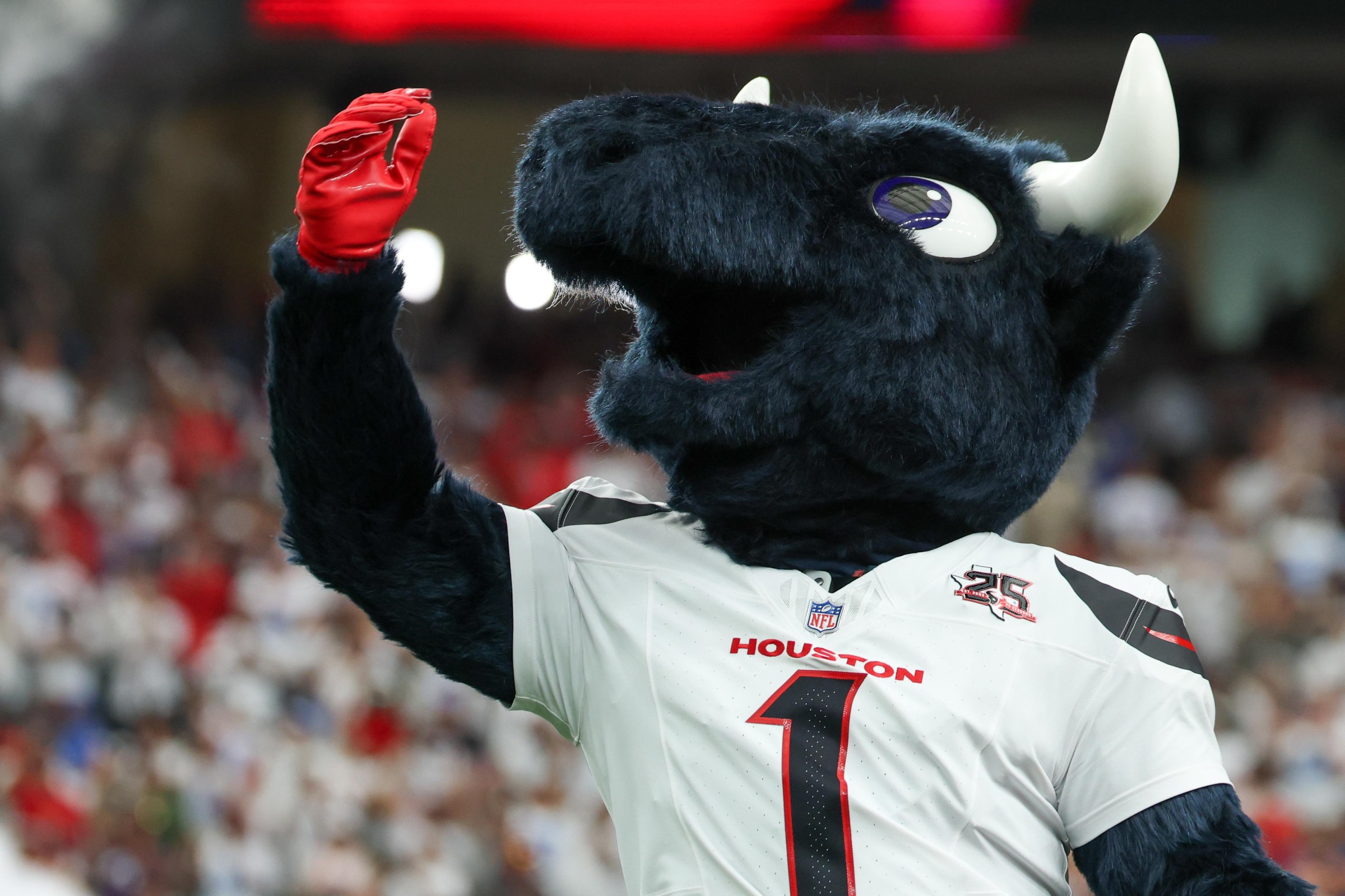 HOUSTON, TX - SEPTEMBER 13: Toro the mascot on the field before the NFL game between the Houston Texans and the Buffalo Bills on September 13, 2026, at Reliant Stadium in Houston, TX.(Photo by David Buono/Icon Sportswire via Getty Images)
