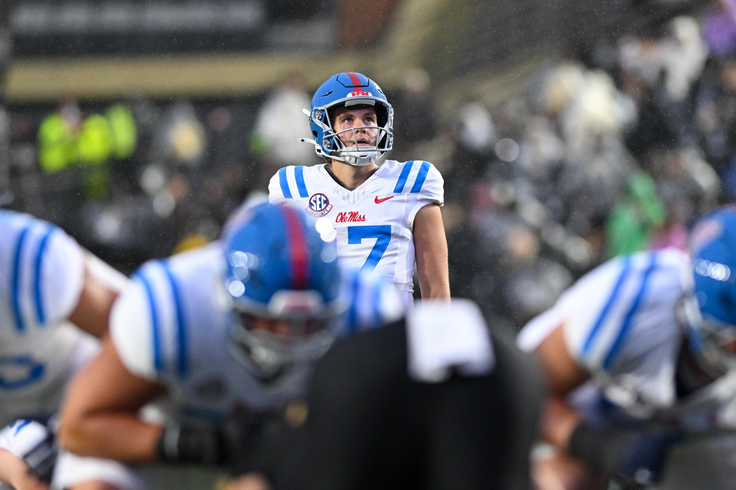 NASHVILLE, TENNESSEE - OCTOBER 10: Lucas Carneiro #17 of the Ole Miss Rebels prepares to kick a field goal against the Vanderbilt Commodores in the first half at FirstBank Stadium on October 10, 2026 in Nashville, Tennessee. (Photo by Carly Mackler/Getty Images)