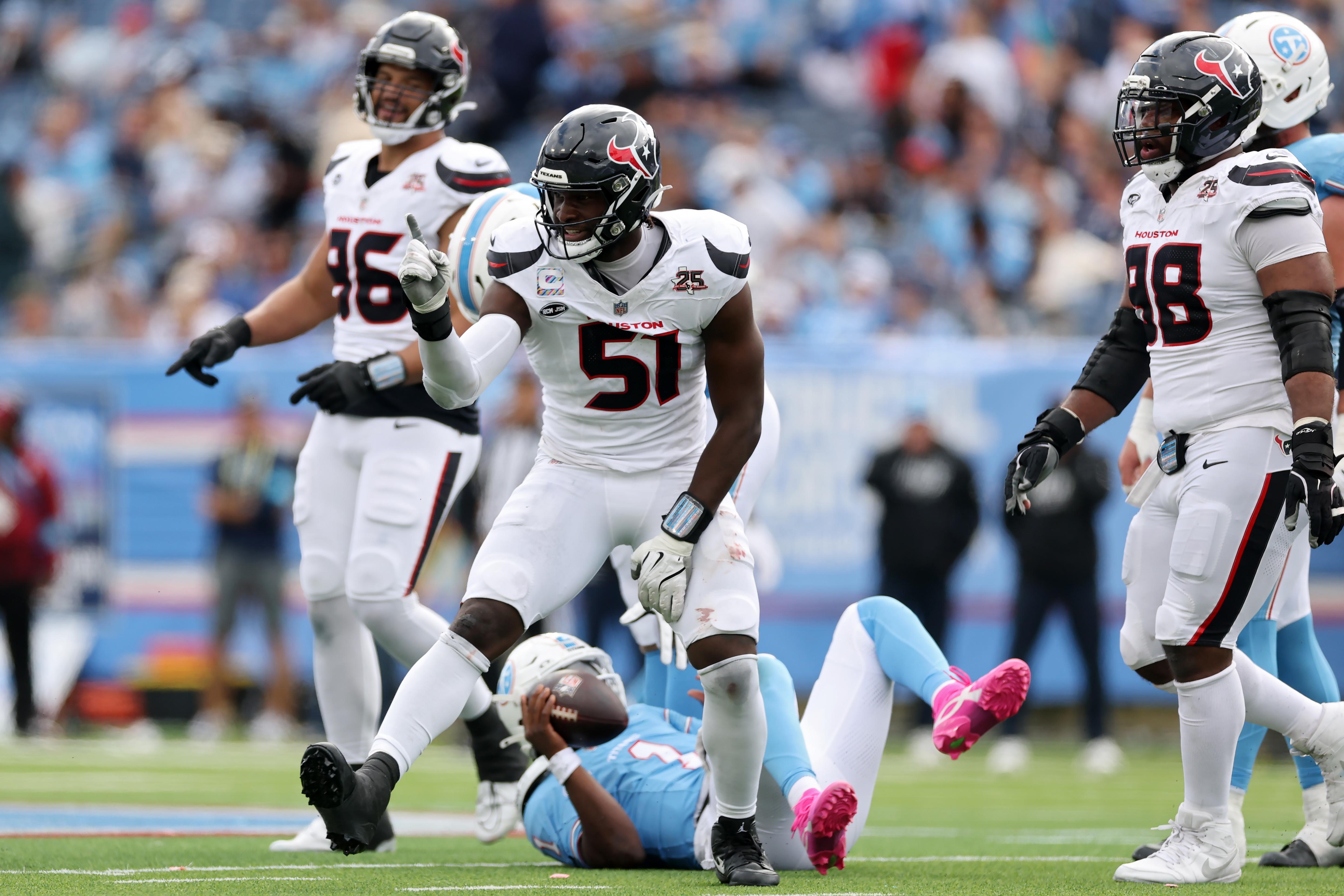NASHVILLE, TENNESSEE - OCTOBER 11: Will Anderson Jr. #51 of the Houston Texans celebrates after sacking Cam Ward #1 of the Tennessee Titans during the fourth quarter of the game at Nissan Stadium on October 11, 2026 in Nashville, Tennessee. (Photo by Andy Lyons/Getty Images)