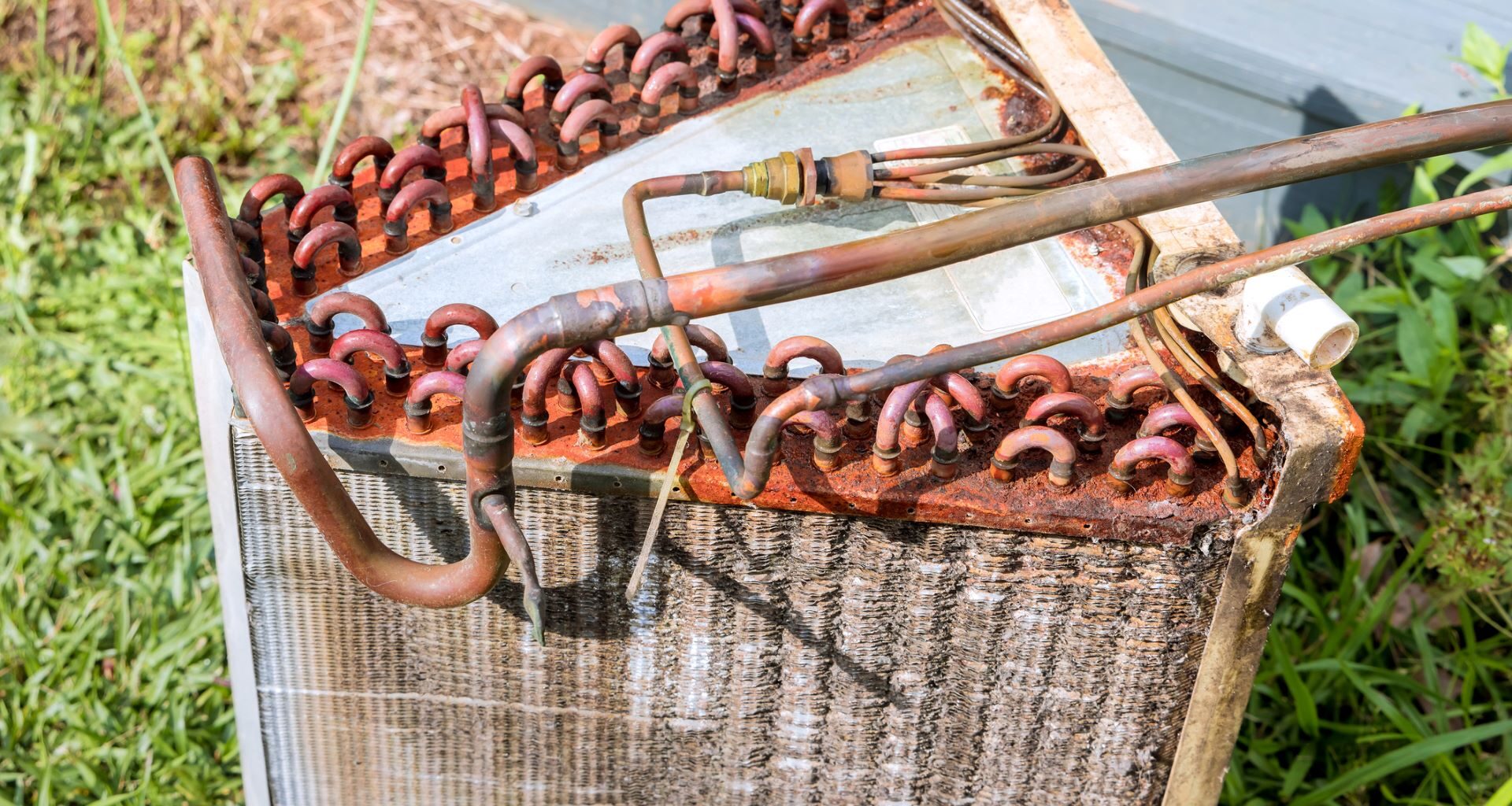 An old, rusted condenser coil with copper tubes surrounded by grass.