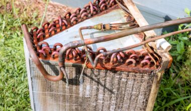 An old, rusted condenser coil with copper tubes surrounded by grass.