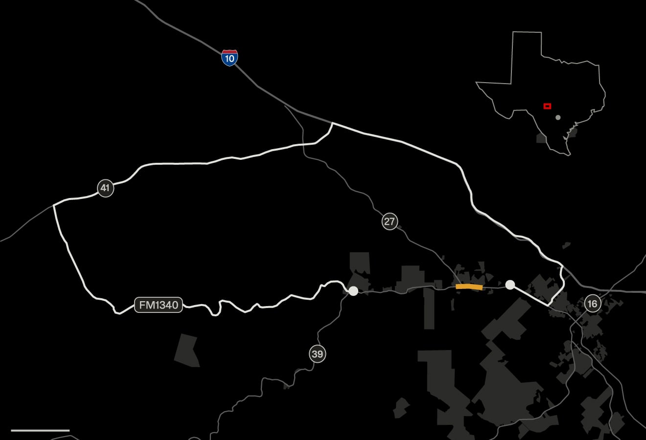 A map shows the region to the northwest of Kerrville, Texas. A thick line indicates a driving route that loops north and west of Ingram along Interstate 10, State Highway 41 and FM1340.