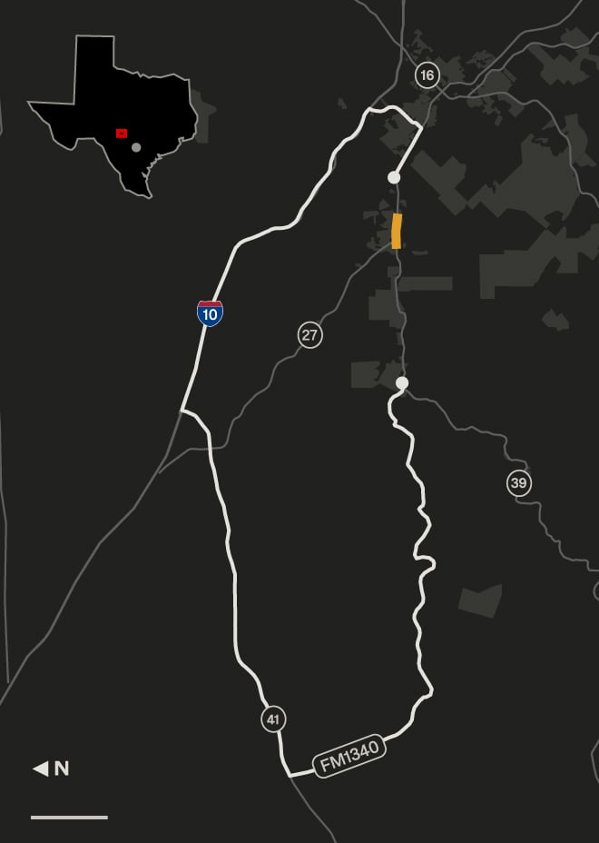 A map shows the region to the northwest of Kerrville, Texas. A thick line indicates a driving route that loops north and west of Ingram along Interstate 10, State Highway 41 and FM1340.