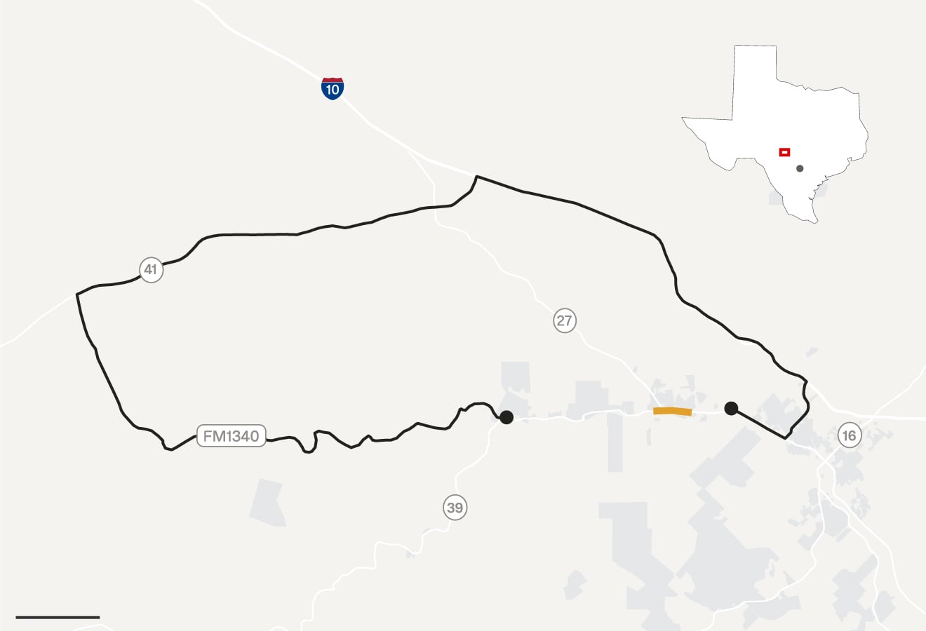 A map shows the region to the northwest of Kerrville, Texas. A thick line indicates a driving route that loops north and west of Ingram along Interstate 10, State Highway 41 and FM1340.