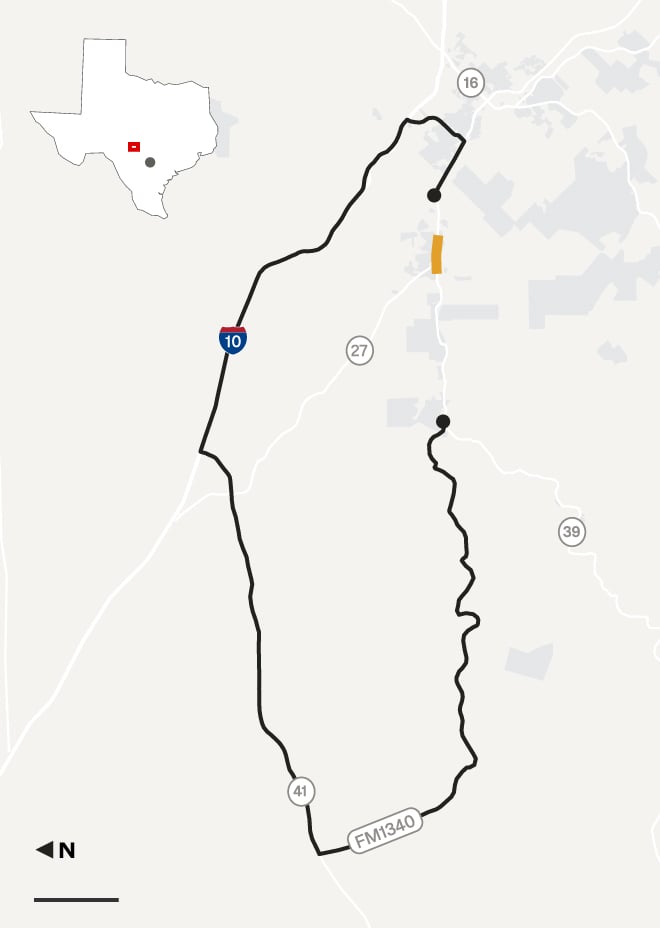 A map shows the region to the northwest of Kerrville, Texas. A thick line indicates a driving route that loops north and west of Ingram along Interstate 10, State Highway 41 and FM1340.
