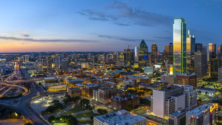 Aerial view of downtown Dallas, Texas at dusk