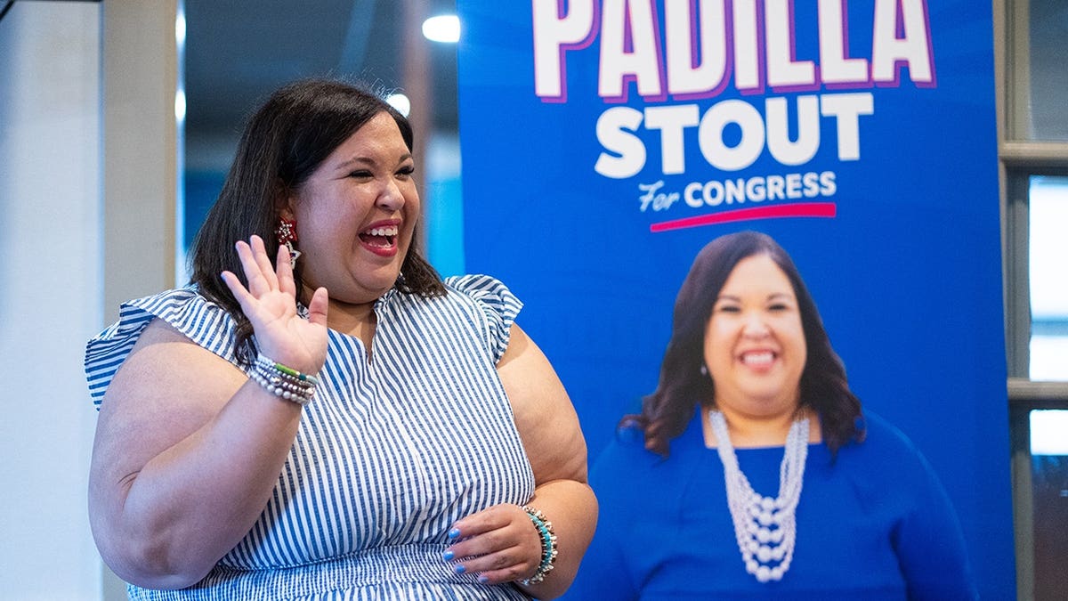 Katy Padilla Stout speaks at a Denny's restaurant in San Antonio, Texas.