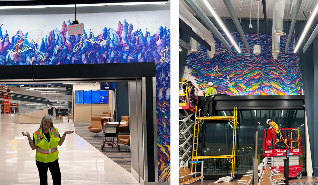 Two side-by-side photos show the installation of a large, colorful mural inside the San Antonio International Airport. In the left image, the artist stands beneath the mural. In the right image, workers on lifts and scaffolding install the mural high on an airport wall.