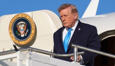 President Donald Trump arrives on Air Force One at Central Nebraska Regional Airport, Monday, Oct. 5, 2026, in Grand Island, Neb. (AP Photo/Alex Brandon)