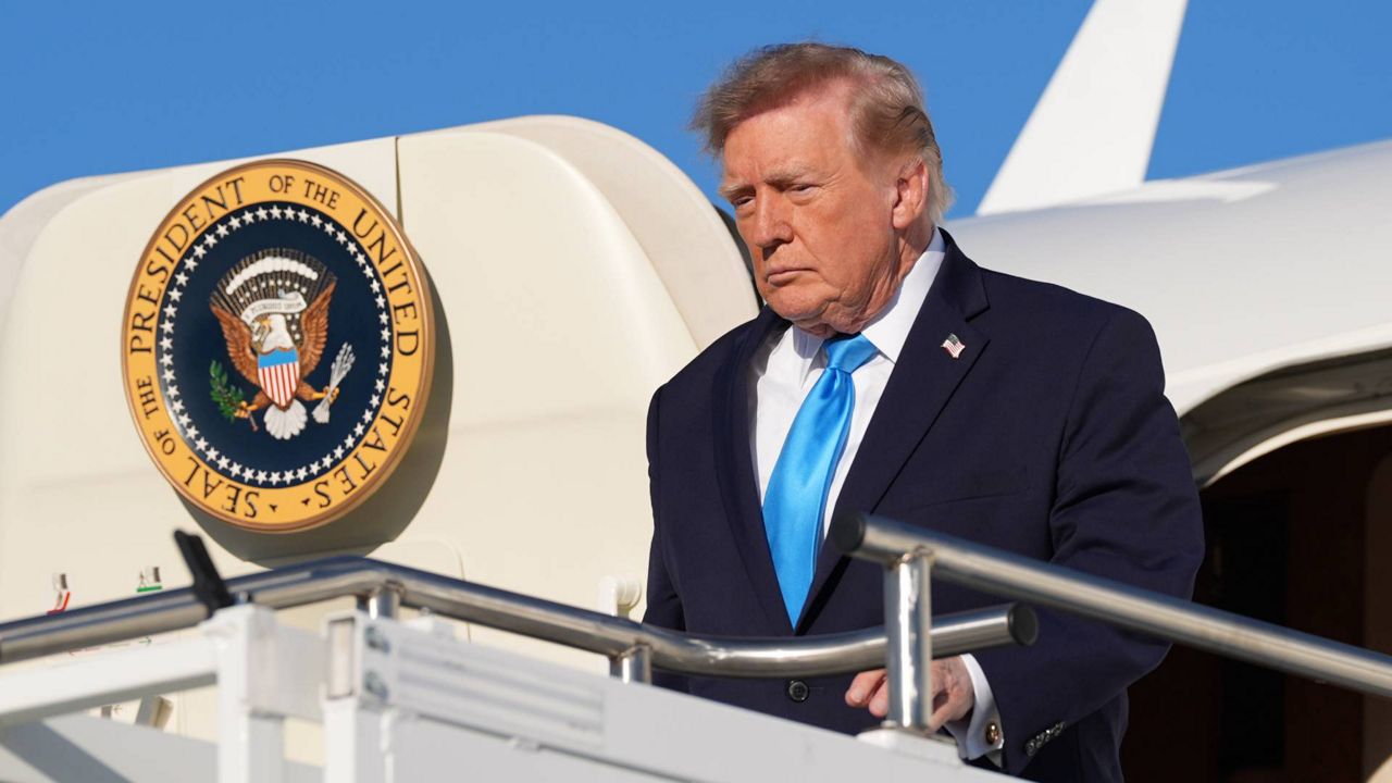 President Donald Trump arrives on Air Force One at Central Nebraska Regional Airport, Monday, Oct. 5, 2026, in Grand Island, Neb. (AP Photo/Alex Brandon)