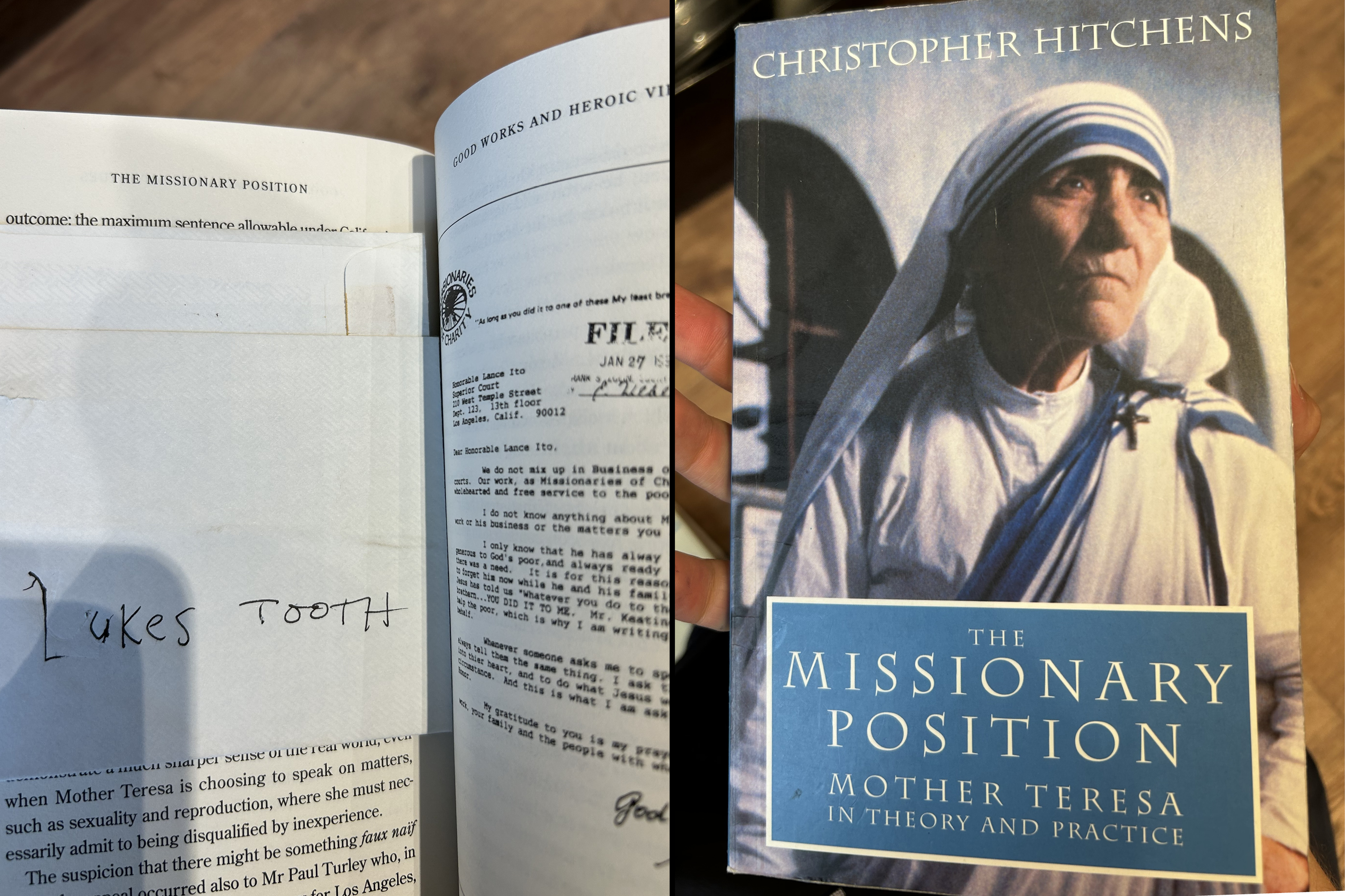Collage of a book titled *The Missionary Position* by Christopher Hitchens and related documents.