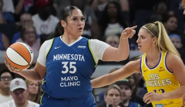 Jun 21, 2025; Minneapolis, Minnesota, USA; Minnesota Lynx forward Alissa Pili (35) works around Los Angeles Sparks guard Sarah Ashlee Barker (13) in the first quarter at Target Center. Mandatory Credit: Bruce Kluckhohn-Imagn Images