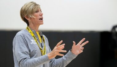 Iowa head coach Jan Jensen speaks to her team during a women’s basketball practice July 22, 2025 at Carver-Hawkeye Arena in Iowa City, Iowa.