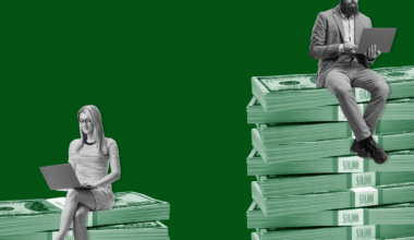 Photo illustration of a woman sitting on a stack of money, and a man sitting on a larger stack of money