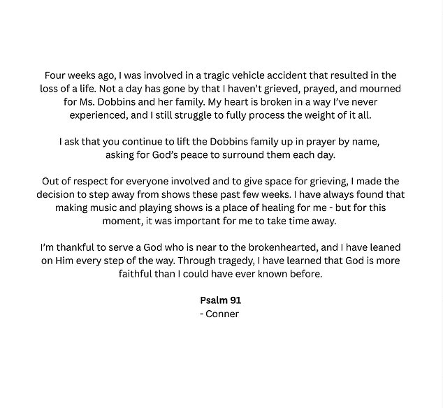 Smith posted a statement to Instagram which read: 'Four weeks ago, I was involved in a tragic vehicle accident that resulted in the loss of a life. Not a day has gone by that I haven¿t grieved, prayed, and mourned for Ms. Dobbins and her family