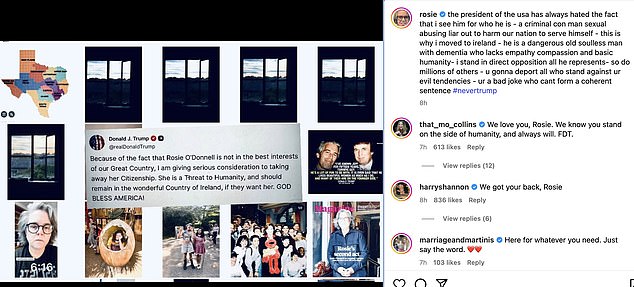 O'Donnell posted to Instagram a message aimed at Trump stating she 'sees him for who he is'