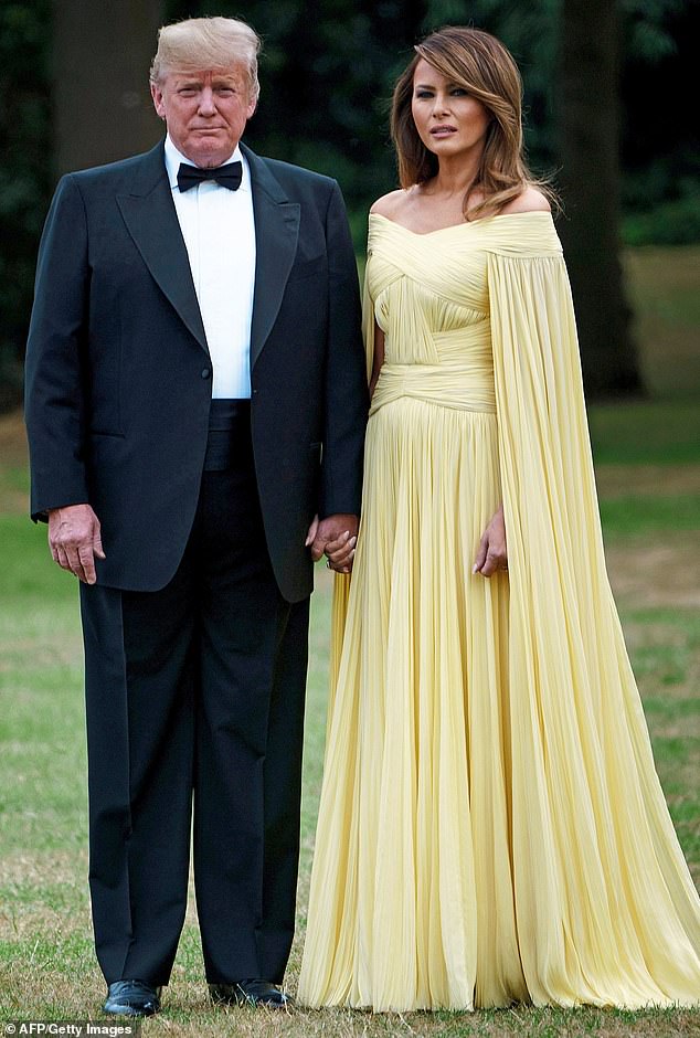 During her husband Donald Trump's official visit to Britain in 2018, Melania donned a Grecian-style, lemon yellow $6,990 gown by designer J.Mendel to a state dinner at Blenheim Palace