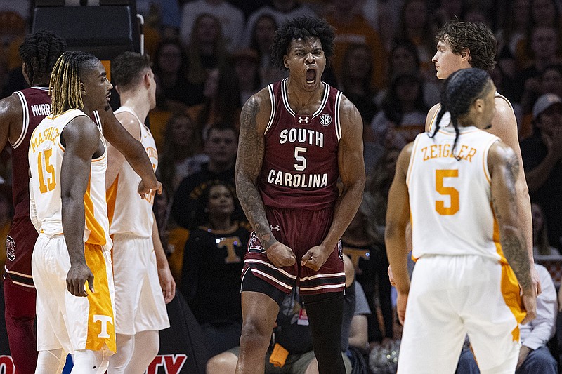 AP photo by Wade Payne / South Carolina forward Nick Pringle reacts to being fouled during an SEC regular-season game against Tennessee on March 8 in Knoxville. Pringle has transferred to Arkansas for the 2025-26 season.